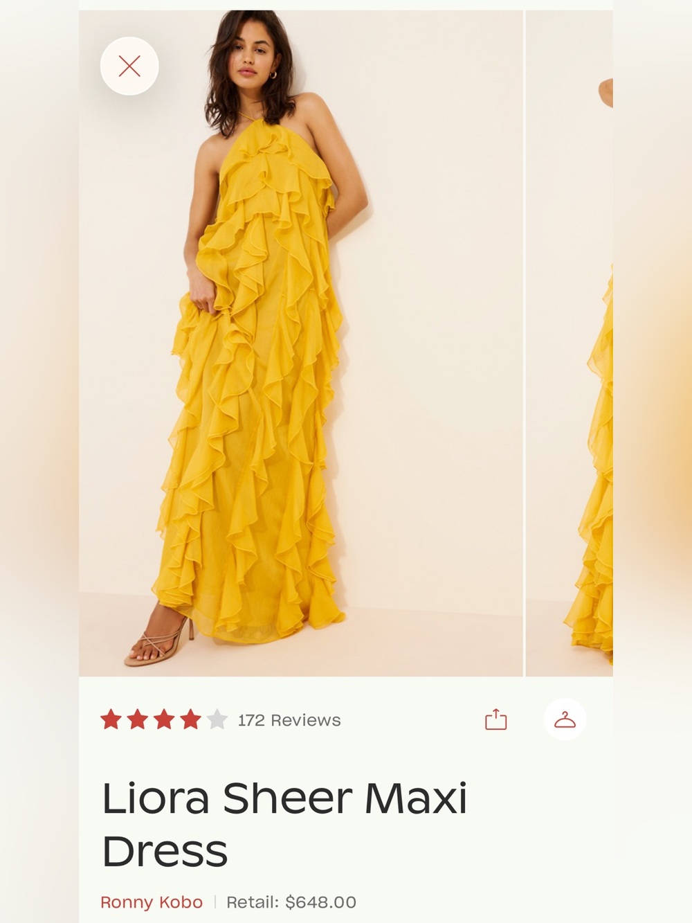 Ronny Kobo Collection Yellow Ruffle Halter Maxi Dress